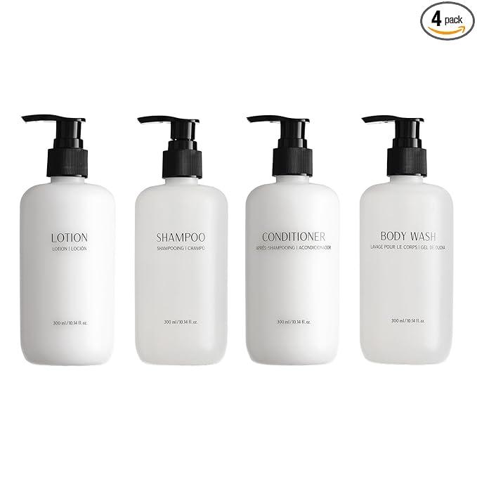 Shampoo Conditioner Body Wash and Lotion Kit 4 Pump Bottles Per Case Each 10.14 Fl oz/300 ML Aloe vera, Green Tea Extract Infused Hotel Toiletries