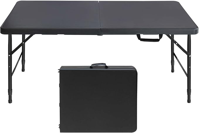 4 FT Folding Table with Carry Handle, Portable Fold-in-Half Plastic Table, Rectangle Foldable Table for Indoor/Outdoor Black
