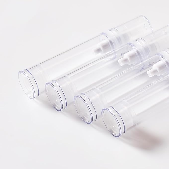 4Pcs 0.34 oz Airless Travel Pump Bottles - 3.7×0.7 inch Refillable Clear Cosmetic Containers Leak‑Resistant for Lotion Shampoo Serum