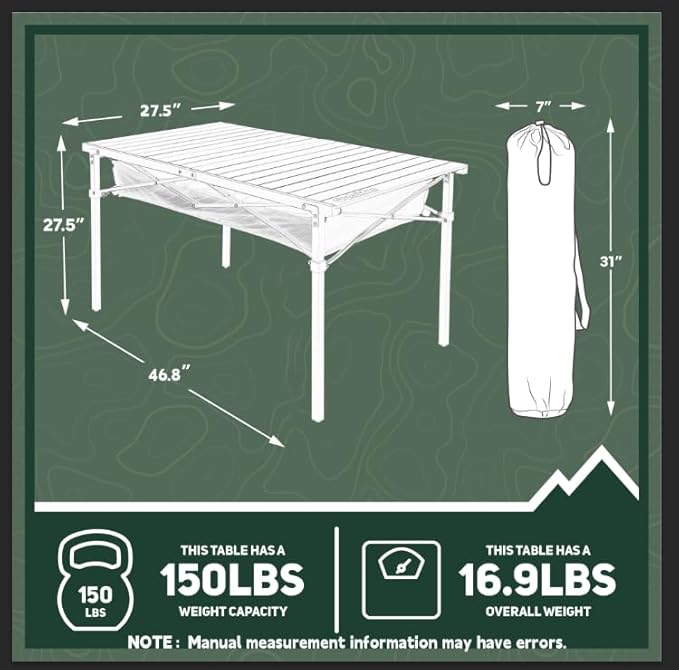 OUTSIDER Folding Camping Table, Portable Roll-up Outdoor Lightweight Aluminum Camp Table for Picnic BBQ Backyards Beach, Large Storage Mesh Pocket and Carrying Bag Included