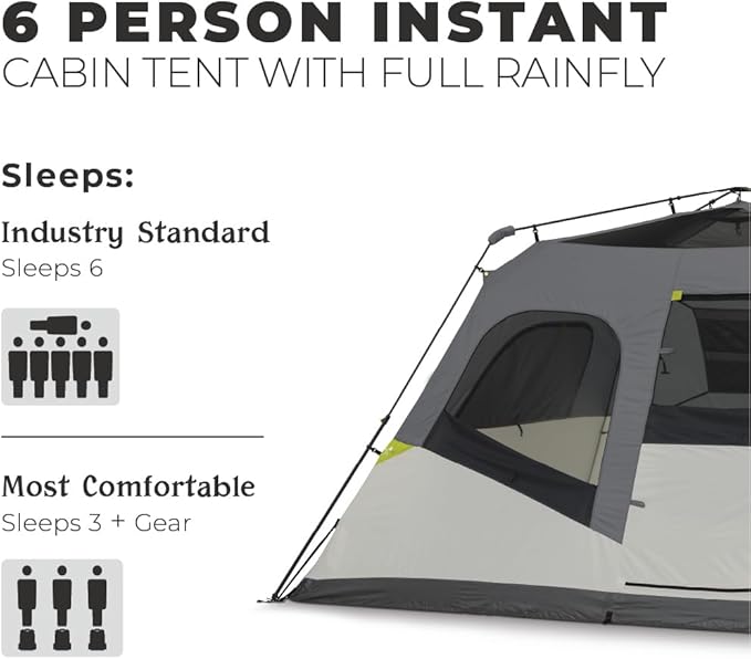 CORE Instant Cabin Tents | 6 Person / 9 Person / 10 Person / 12 Person Family Cabin Multi Room Pop Up Tents Car Camping | Included Storage Pockets for Camping Accessories