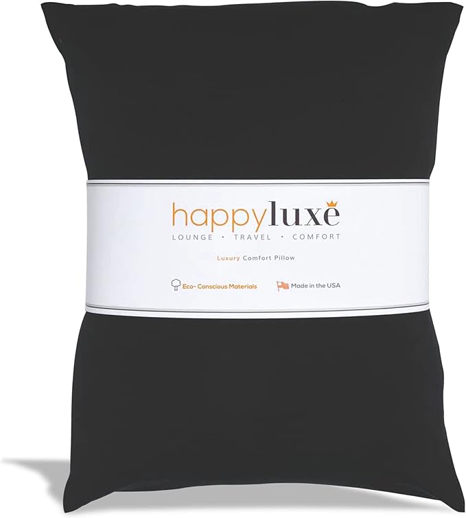 Happyluxe Odyssey Travel Pillow for Long Flights - Soft, Small, Alternative to Down and Memory Foam. 17 x 13in - Made in The USA, Jet Black Airplane Pillow for Adults Sleeping, Camping or Nap