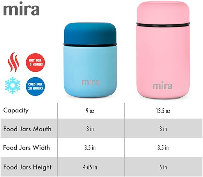 MIRA 2 Pack Insulated Food Jar Thermo for Hot Food & Soup, Compact Stainless Steel Vacuum Lunch Container, 13.5 oz, Pearl Blue, Olive Green