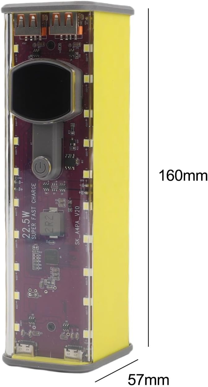 Portable Solder-Free Power Bank Case 22.5W 45W Transparent DIY Battery Box with Fast Charging for Cells Multi-Output Stable Voltage Multiple Protocols 160x57mm for DIY Enthusiasts Travel(yellow 22.5W)