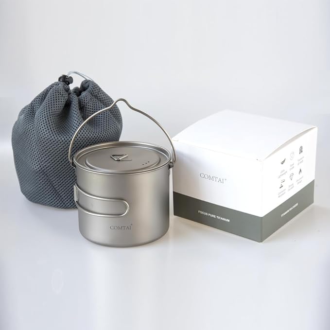 1100ml Titanium Camping Pot with Lid & Bail Handle, Lightweight Backpacking Cookware for Outdoor Hiking Cooking, Ultralight Titanium Cook Pot for Campfire Use