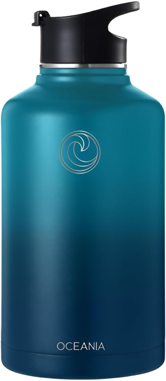 Oceania Flask 64oz Stainless Steel Water Bottles | Modern, Leakproof, Hydro BPA-Free, Insulated Water Bottle with 3 Lids, 3 Straws & 2 Straw Cleaning Brushes | Simple Camping & Hiking Water Bottle