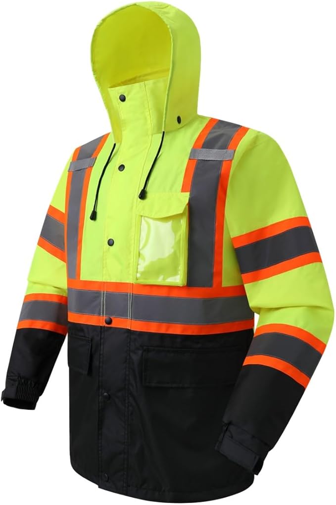 JKSafety Hi-Vis Reflective Safety Rain Jacket for Men Women Waterproof Rain Gears for Farming Fishing Work HV Rain Jacket with Inner Mesh Lining and Pockets (117A-YBlk L)