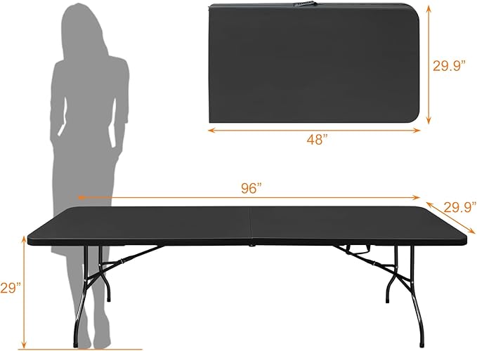 8 FT Folding Table with Carry Handle, Portable Fold-in-Half Plastic Table, Rectangle Foldable Table for Indoor/Outdoor Black