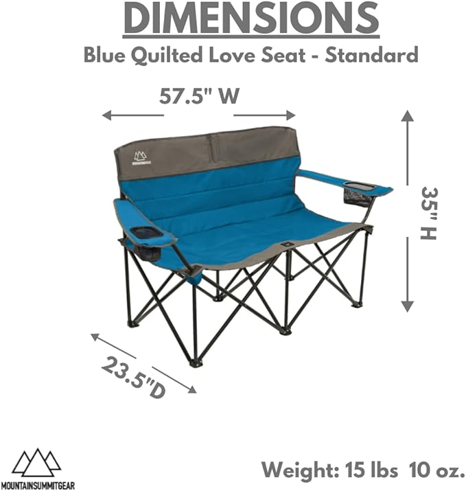 Quilted Standard Loveseat Camping Chair for 2 with Padded Seat and Back for Camping/Hiking/Backpacking Made by Caddis Sports (Standard Loveseat (Blue))