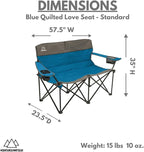 Quilted Standard Loveseat Camping Chair for 2 with Padded Seat and Back for Camping/Hiking/Backpacking Made by Caddis Sports (Standard Loveseat (Blue))
