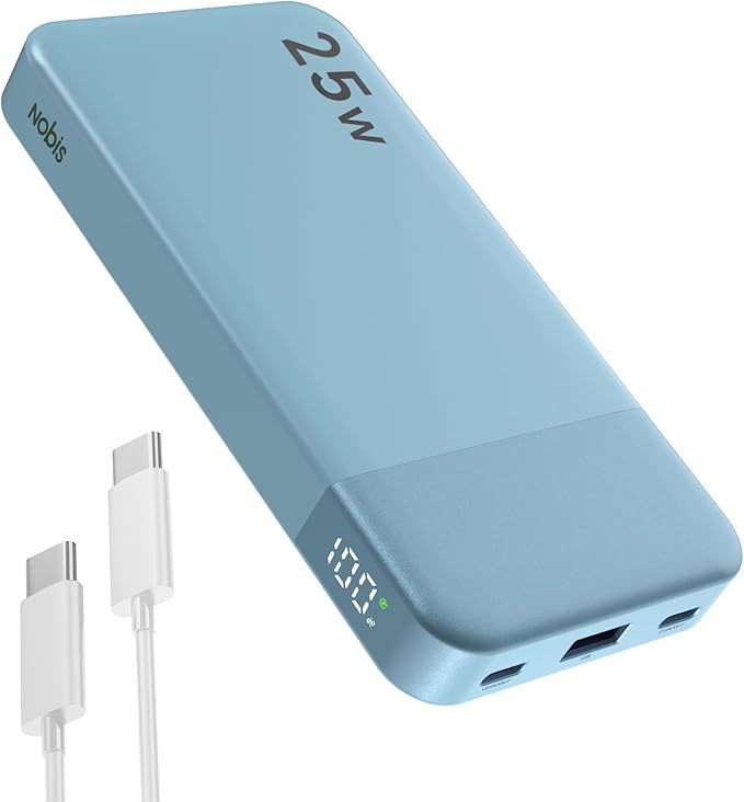 NOBIS Portable Charger, 10000mAh Power Bank Fast Charging, Battery Pack with C to C Cable, Battery Bank with Digital Display for iPhone iPad Android etc (Blue, 25W)