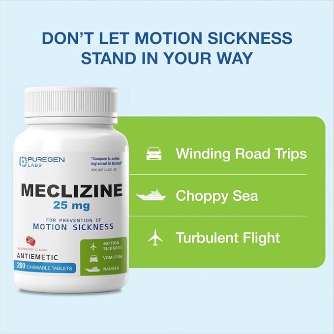 Puregen Labs Meclizine 25 mg Antiemetic 200 chewable Tablets | Motion Sickness Relief - Prevent Nausea, Vomiting, and Dizziness | Dairy Free | Made in USA | Value Pack – 200 chewable Tablets
