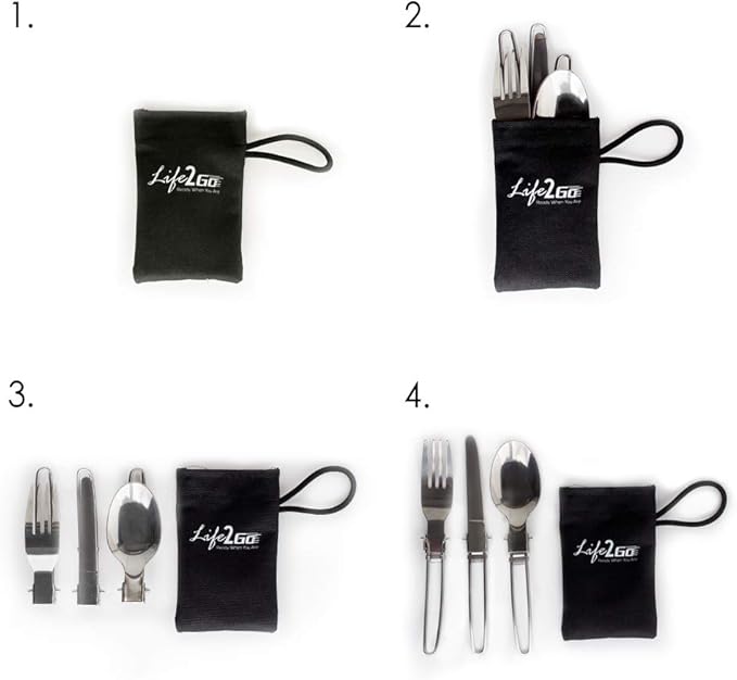 3-Piece Compact Camping Silverware & Utensil Set – Portable Cookware Kit for Hiking, Backpacking, Travel, BBQ & Grilling – Folding Reusable Stainless Steel Knife, Fork & Spoon in Tidy Black Bag