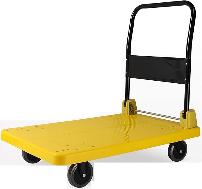 Flatbed Hand Cart Folding Platform Truck Plastic Deck and Metal Handle Hand Cart with Wheels Foldable Push Trolley for Luggage Parcel Tools Moving Heavy Duty Flatbed Cart