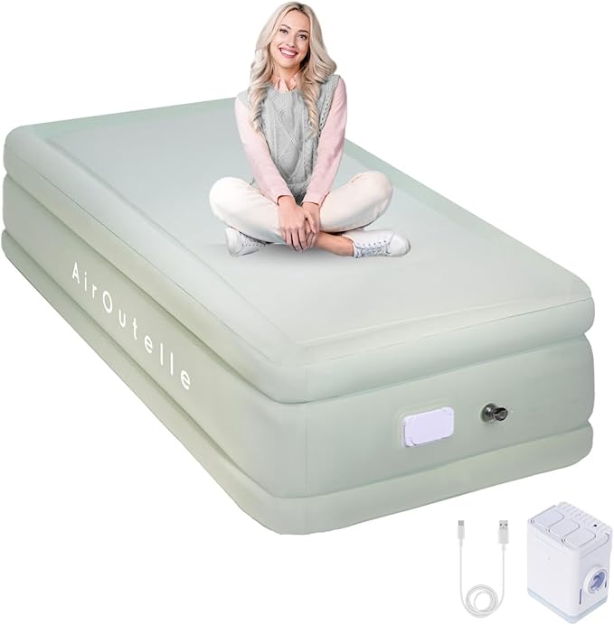 Air Mattress Twin with Built in Pump, with A Rechargeable USB-C Electric Bettery Pump, Self Inflatable Bed, Fiber-tech Puncture Resistant Air Bed for Camping, Indoor and Outdoor (18" Twin, Green)