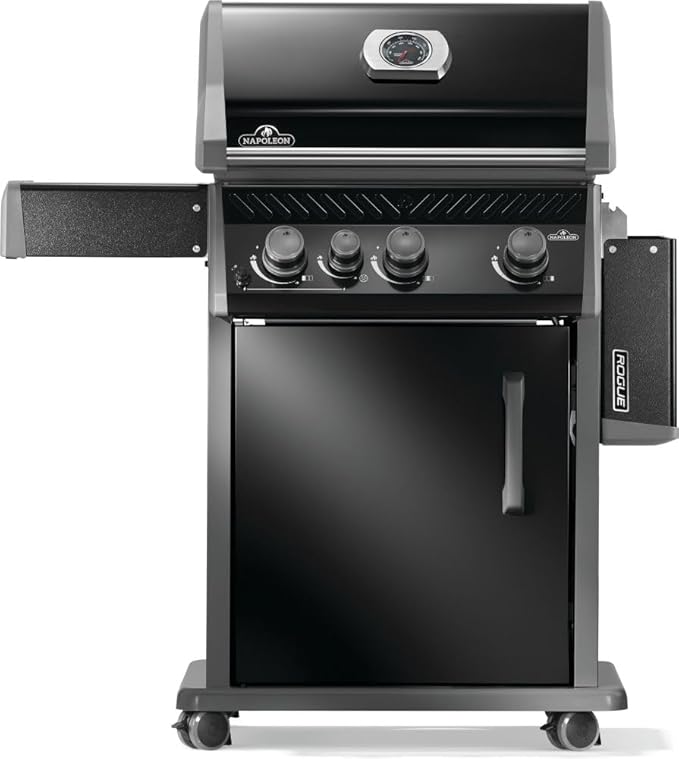 Napoleon Rogue 425 Propane Gas Grill with Range Side Burner, Black, 3 Stainless Steel Main Burners, Durable Grilling Power