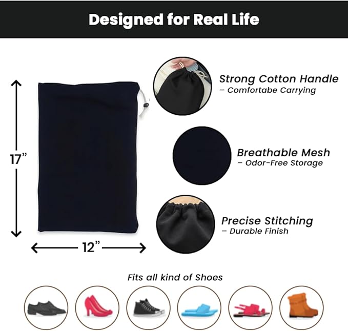 LFH Cotton Rich Shoe Storage Bags with Drawstring, Dustproof Breathable Reusable Organizer, Perfect For Travel, Dorm, Hotel, College, Gym, Machine Washable 12"x17" (Pack of 4) - Black sand