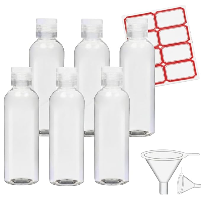 6 Pack Travel Bottles - Travel Containers for Toiletries - TSA Approved Size - Refillable Empty Plastic Bottles with 2 Labels, Funnels & Carry Bag - For Shampoo, Lotion, Conditioner, Sanitizer - 3.4oz