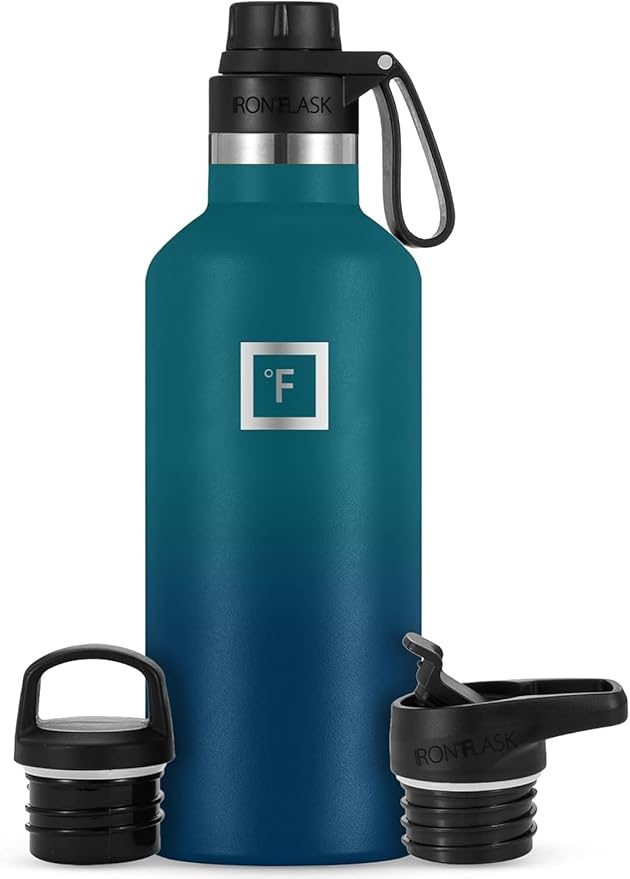 IRON °FLASK Camping & Hiking Hydration Canteens - 3 Lids (Narrow Spout Lid) Leak Proof Vacuum Insulated Stainless Steel - Hot & Cold Double Walled Sports Water Bottle - Dark Night, 32 Oz