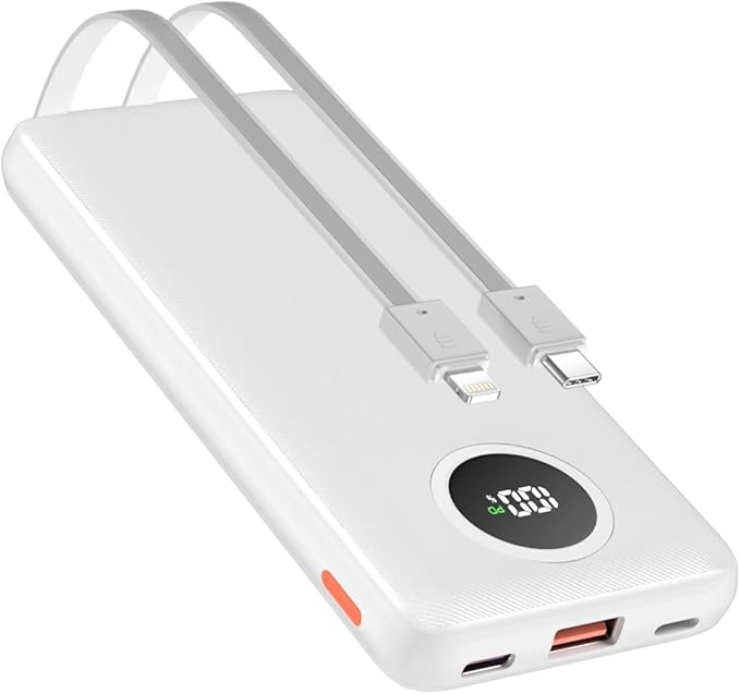 Portable Charger 10000mAh 22.5W PD/QC3.0 Fast Charging Power Bank with Built-in Lightning and Type-C Cables 5V-4.5A Slim for iPhone 16/15/14/13,Samsung,iPad,Tablets,Google Pixel,AirPods and More