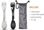 PSKOOK 5-in-1 Utility Tactical Spork, 2-Pack Stainless Steel Spoon & Bottle Opener, Fork & Knife, Can Opener Combo Camping Utensil for Hiking, Camping or Backpacking (Black & Matte Silver)