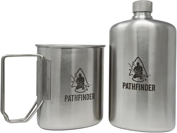 The Pathfinder School Stainless Steel Nesting Cup & M34 Scout Canteen - Survival Gear and Supplies - Bushcraft Gear Camping Essentials - Hiking Water Bottle - Camping Canteen- Backpacking Kit
