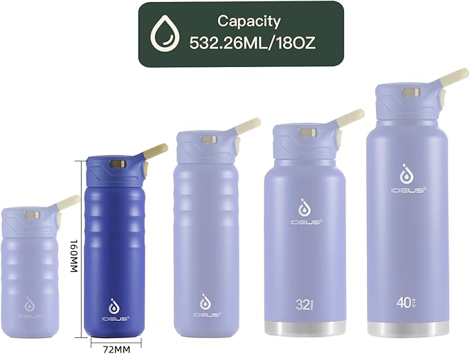 IDEUS Insulated Stainless Steel Water Bottle with 2 Leak-Proof Lids, Thermal Water Flask for Hiking Biking, 18oz, Purple