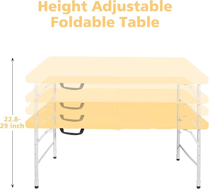 4 FT Folding Table with Carry Handle, Portable Fold-in-Half Plastic Table, Rectangle Foldable Table for Indoor/Outdoor Light Yellow