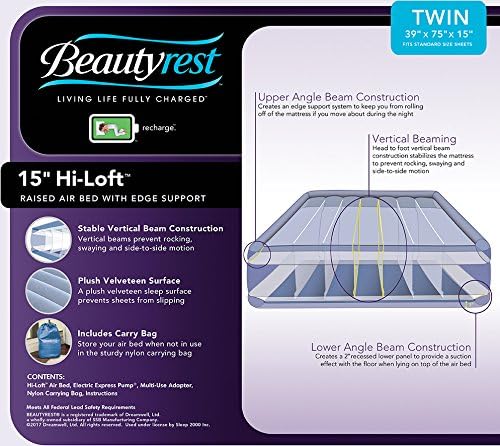 Beautyrest Hi-Loft Twin Size Air Mattress with Vertical Beam Construction, Edge Support, External Pump and Puncture Resistant Vinyl for Guests and Camping