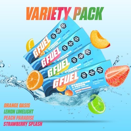 G Fuel Electrolytes Powder for Instant Hydration and Focus, Sugar Free Electrolytes Variety Pack of Lemon, Orange, Peach, Strawberry Flavors, Nootropic Drink Mixes To Sharpen Mental Focus, 20 Servings