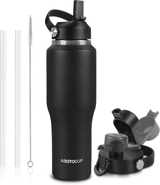 40oz Black Water Bottle Stainless Steel, Keep Cold 24H&Hot 12H, Water Bottle with Straw&Spout Lids, Insulated Water Bottle Double Wall Vacuum, Fit in Any Car Cup Holder, Leak-proof BPA Free