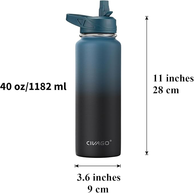 CIVAGO 40 oz Insulated Water Bottle With Straw, Stainless Steel Sports Water Cup Flask with 3 Lids (Straw, Spout and Handle Lid), Double Walled Travel Thermal Canteen Mug, Dark Night