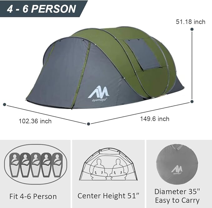 6 Person Easy Pop Up Tents for Camping - AYAMAYA Double Layer Waterproof Instant Tent with Vestibule & Porch, Large Size Family Tent Automatic Setup for 4-6 People Camping Hiking (Poles Included)