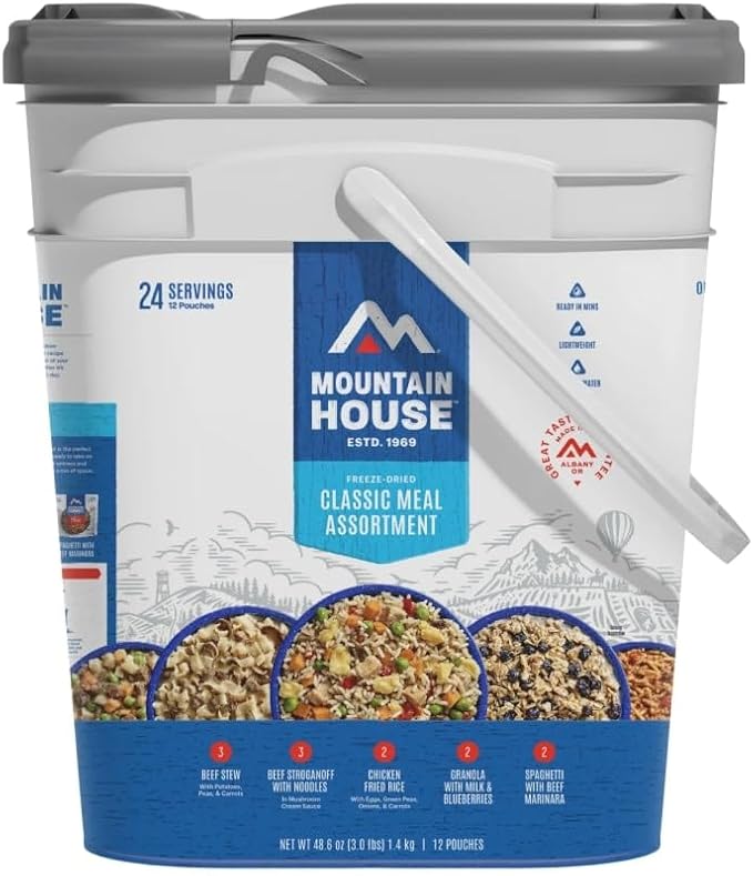 Mountain House Classic Meal Assortment Bucket Freeze Dried Backpacking & Camping Food 24 Servings