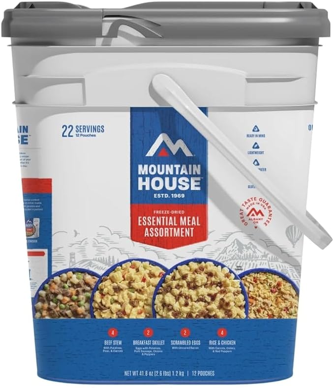 Mountain House Essential Meal Assortment Bucket | Freeze Dried Backpacking & Camping Food | 22 Servings | Gluten-Free