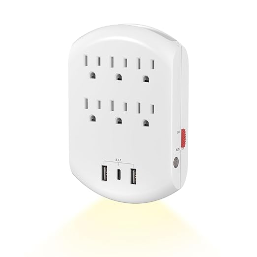 BN-LINK Outlet Extender, Multi Plug Outlets with 6 Outlets 3 USB Ports (3.4A Total), Dusk-to-Dawn Sensor Night Light, Outlet Splitter with Top Phone Holder, for Traveling, Home, School, Office