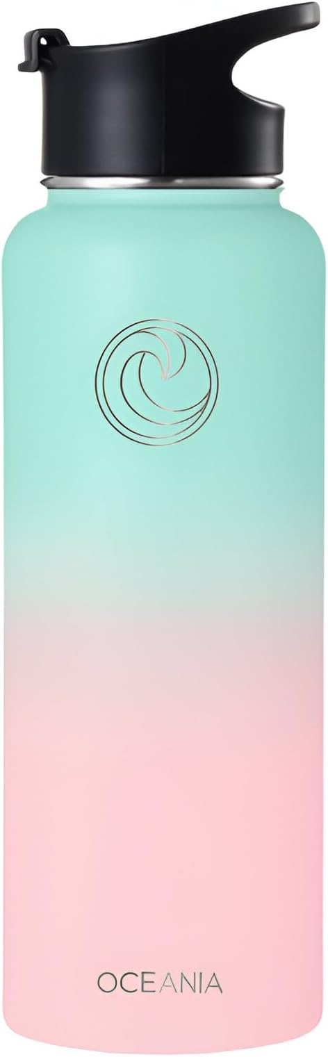 Oceania Flask 40oz Stainless Steel Water Bottle | Modern, Leakproof, Hydro BPA-Free, Insulated Water Bottle with 3 Lids, 3 Straws & 2 Straw Cleaning Brushes | Simple Camping & Hiking Water Bottles