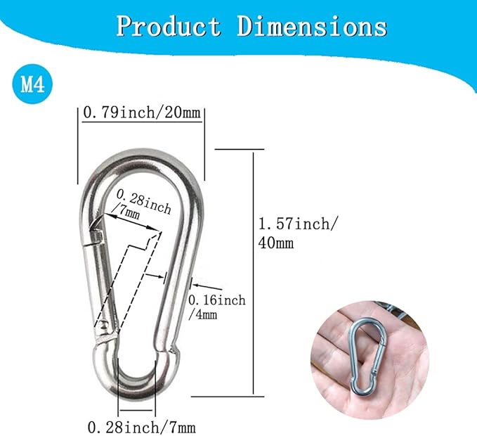 10PCS Carabiner Clip 304 Stainless Steel Heavy Duty Spring Snap Hook M4 1.57 Inch Small Keychain for Keys Swing Set Camping Fishing Hammock
