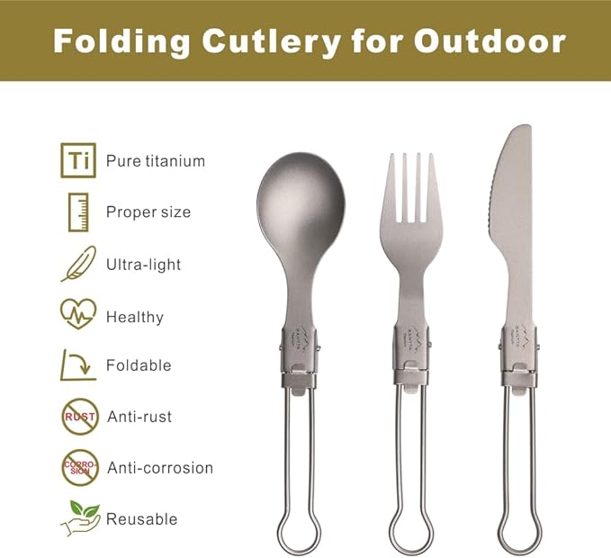 SANTTA Ultra Light Titanium Folding Cutlery Set Including Knife Fork Spoon with Bag for Backpacking, Hiking, Camping and Traveling