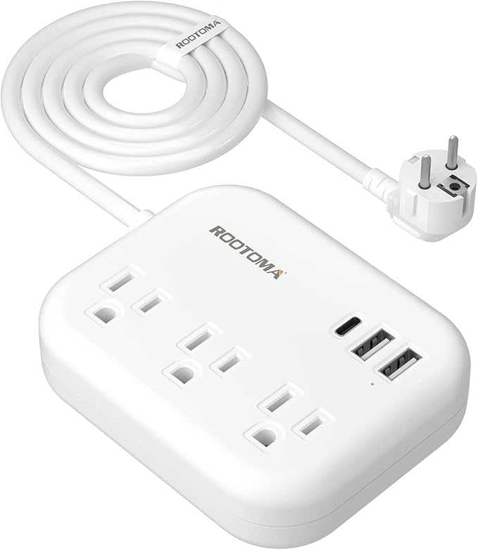 European Travel Plug Adapter with USB C, ROOTOMA Outlet Adapter US to Europe 3 Outlets 3 USB Ports, International Power Strip for EU Spain France Germany Iceland Greece, 3ft, White