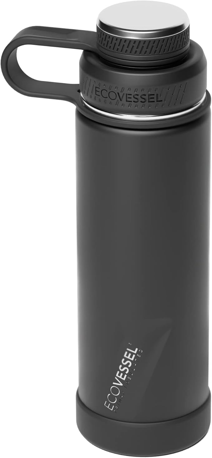 EcoVessel Stainless Steel Water Bottle with Insulated Dual Lid, Insulated Water Bottle with Strainer and Silicone Bottle Bumper, Coffee Mug – 20oz (Black Shadow)