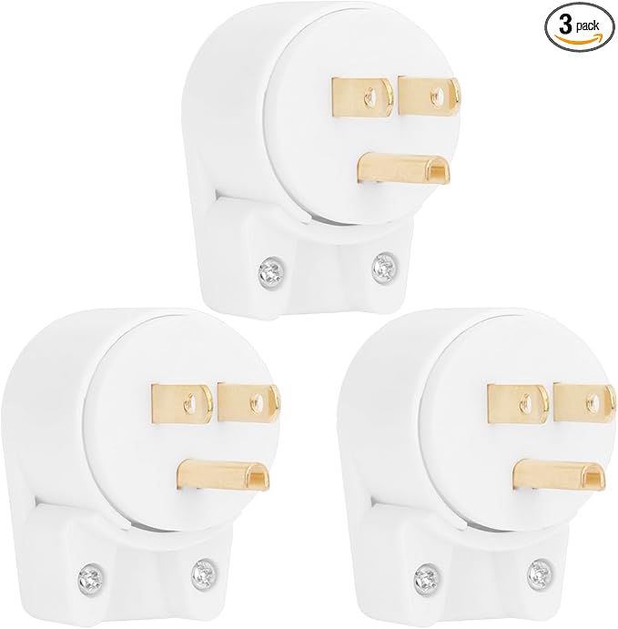(3PACK) ETL Listed 90 Degree USA Canada Male Plug Nema 5-15P 3 Pole Angle DIY Plug, 15A 125V USA 3Pin Right Angle AC Plug, Nema 5-15P Angled Rewireable AC Plug White