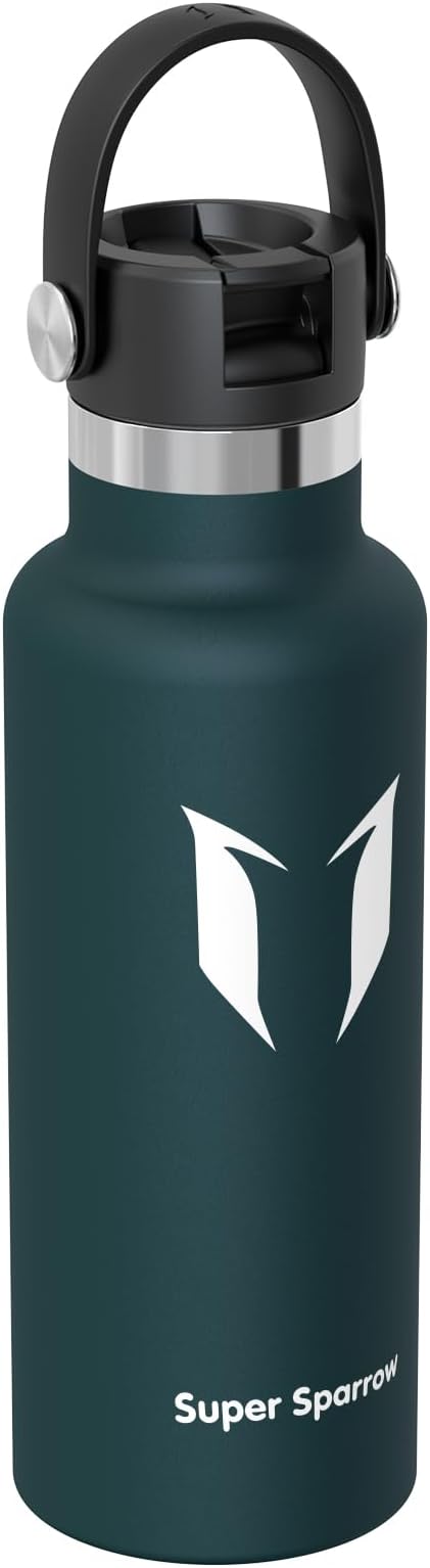 Super Sparrow Insulated Water Bottle - 17 Oz / 25 Oz / 32 Oz - Standard Mouth FlipFlow Flask - BPA Free, Leak Proof Drink Bottle- Ergonomic Straw Water Bottles for Work, Gym, Travel, Sports