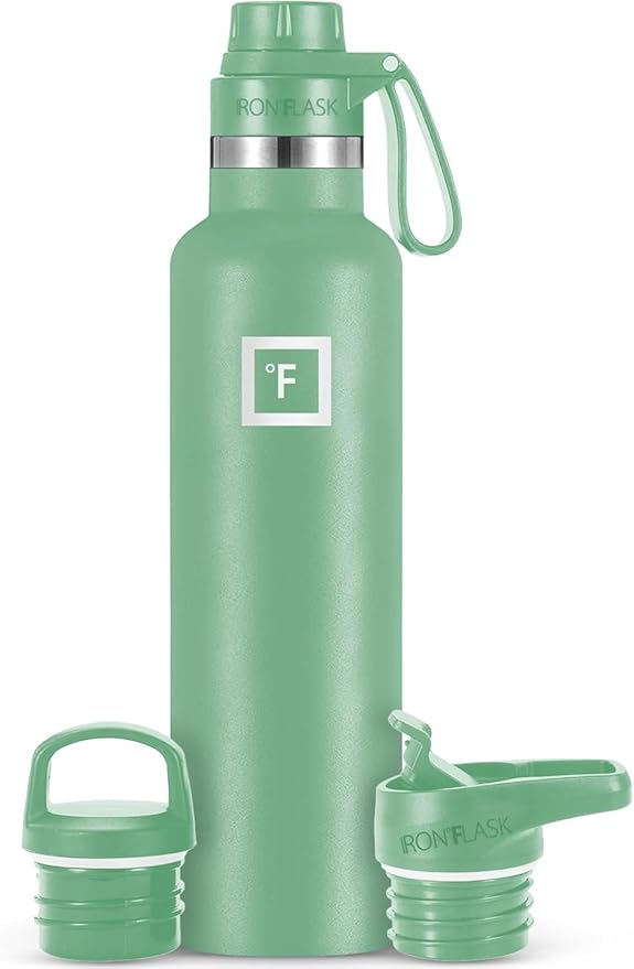 IRON °FLASK Camping & Hiking Hydration Canteens - 3 Lids (Narrow Spout Lid) Leak Proof Vacuum Insulated Stainless Steel - Hot & Cold Double Walled Sports Water Bottle - Sage, 24 Oz
