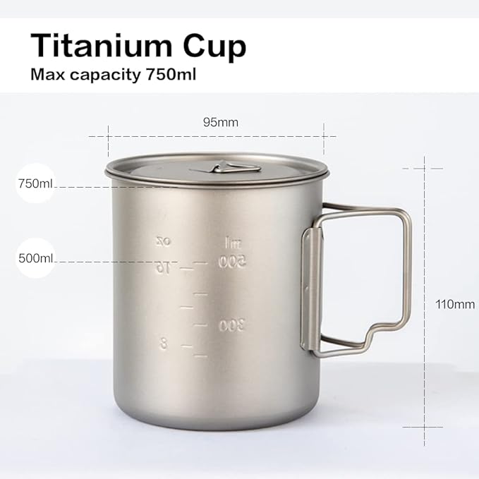 Titanium Pot, 750ml/26 oz Mug with Lid and Foldable Handle, Titanium Cup Backpacking Cookware for Outdoor Hiking Camping Cooking