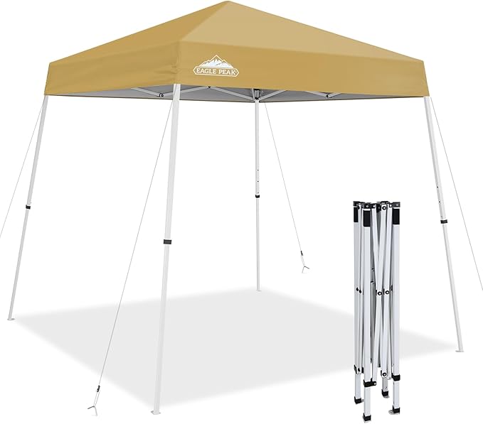 EAGLE PEAK 8x8 Slant Leg Pop-up Canopy Tent Easy One Person Setup Instant Outdoor Beach Canopy Folding Portable Sports Shelter 8x8 Base 6x6 Top (Beige)