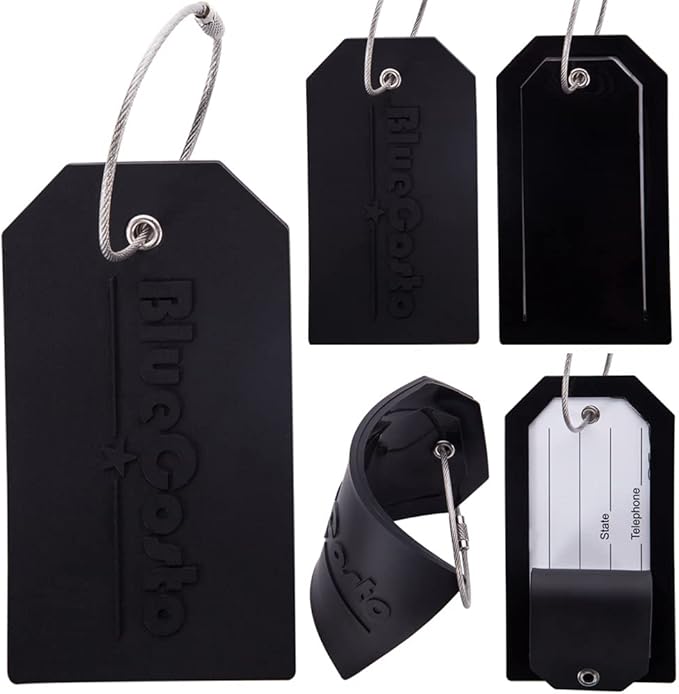 BlueCosto - Luggage Tags - Large, Black, 5 PK - PVC Suitcase Tags w/Privacy Cover & Stainless Steel Wire Loops - Personalized Baggage Identifiers for Travel - Backpack Name Labels