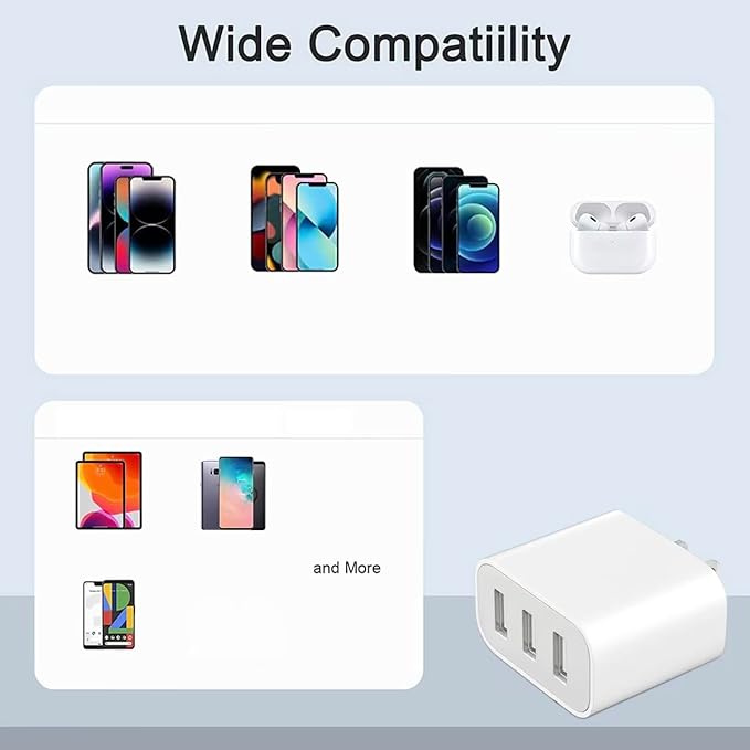 3 USB A Ports Charger Block，YTFCYIKBG Cell Phone wall Chargers，USB Cube wall Plug，for iPhone 14/13/12/11/X/XR/X/8/7/6, Galaxy, Android Phones and More （White）