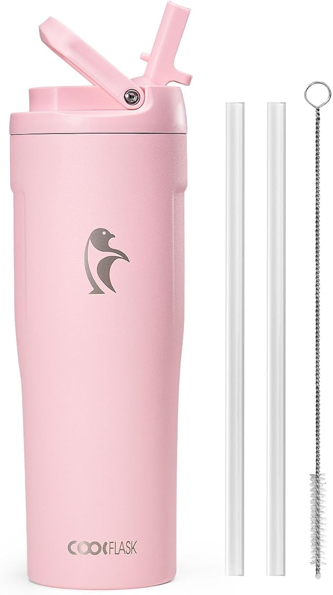Coolflask Water Bottle 32 oz Fits Car Cup Holder, Slim Tumbler Stainless Steel with Straw & Handle, Vacuum Flask Leakproof Wide Mouth for Travel Sports Gym, Pink