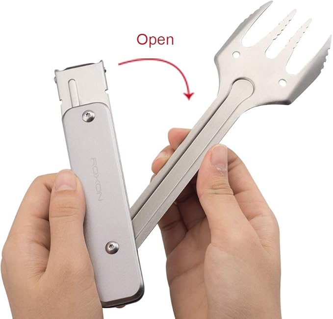 ROXON 4 in 1 Mini Folding BBQ Barbecue Combo Tool Set with Spatula, Fork, Tongs and Bottle Opener for Hiking Camping (Grey)